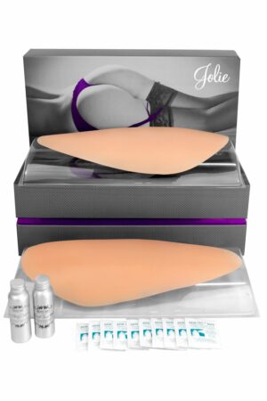 Divine Collection Jolie self-adhering thigh pads, regular length Vanilla skin tone, shown with care kit