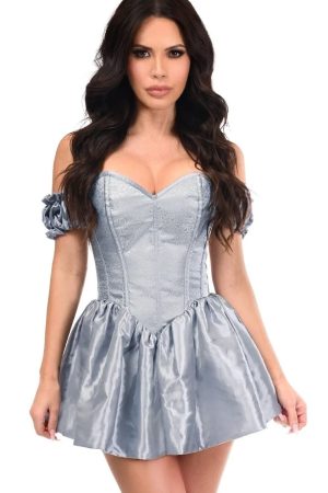 Brocade & Taffeta Corset Dress in Dusty Blue
