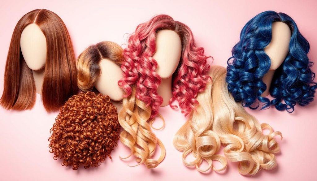A selection of wigs in a variety of colors, showing the different hair textures of wigs available