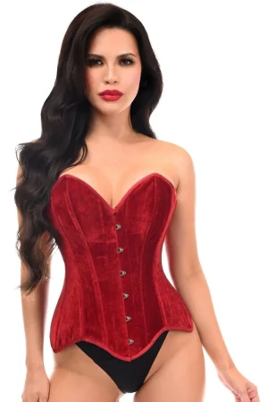 Red Velvet Striped Overbust Corset | Front Closure