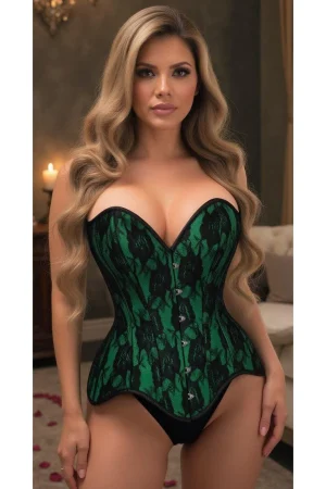 Green / Black Lace Overbust Corset | Front Closure